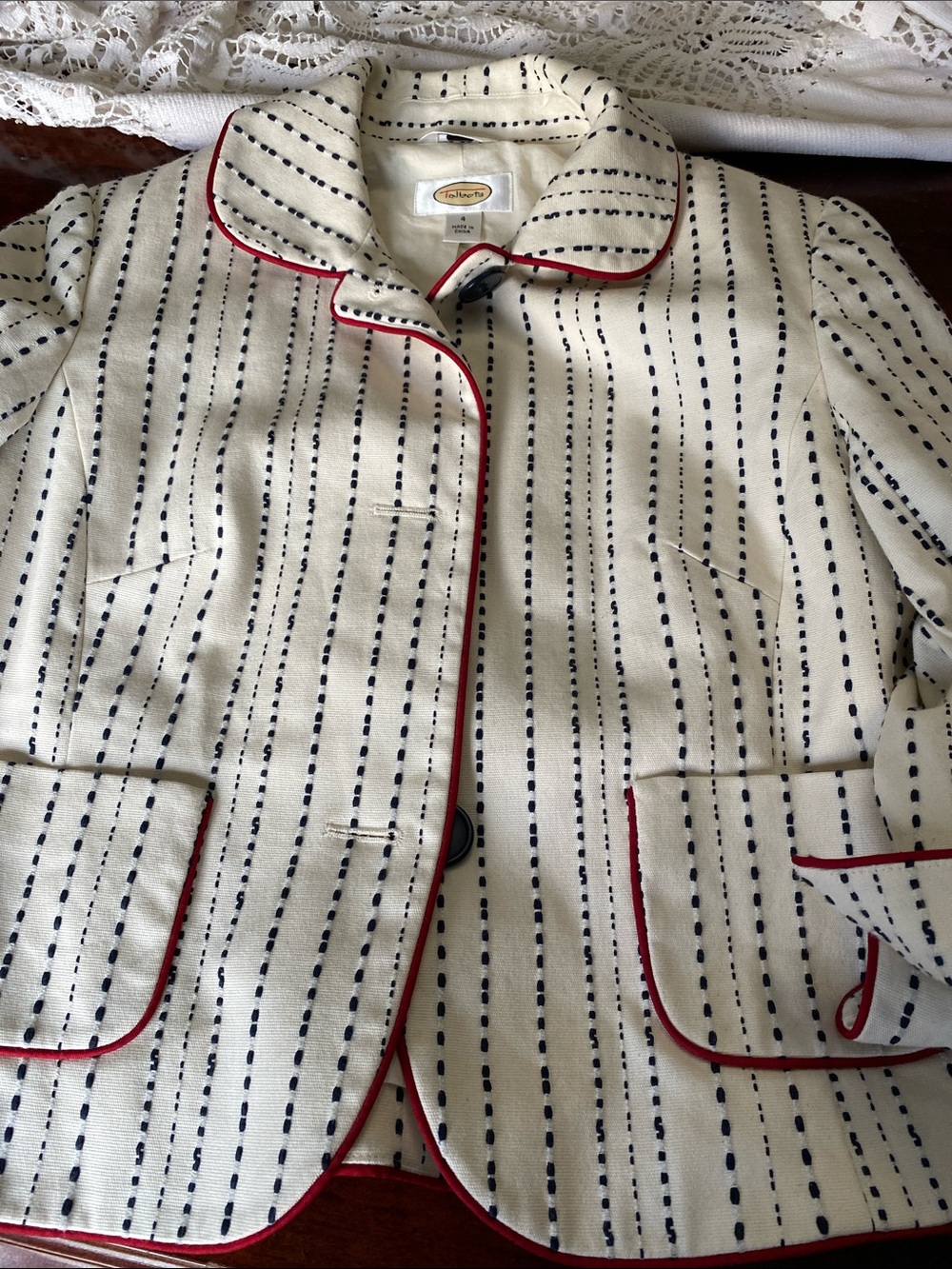 Talbots Cream 3/4 sleeve Jacket with Navy Dot-Stripes and Red Piping